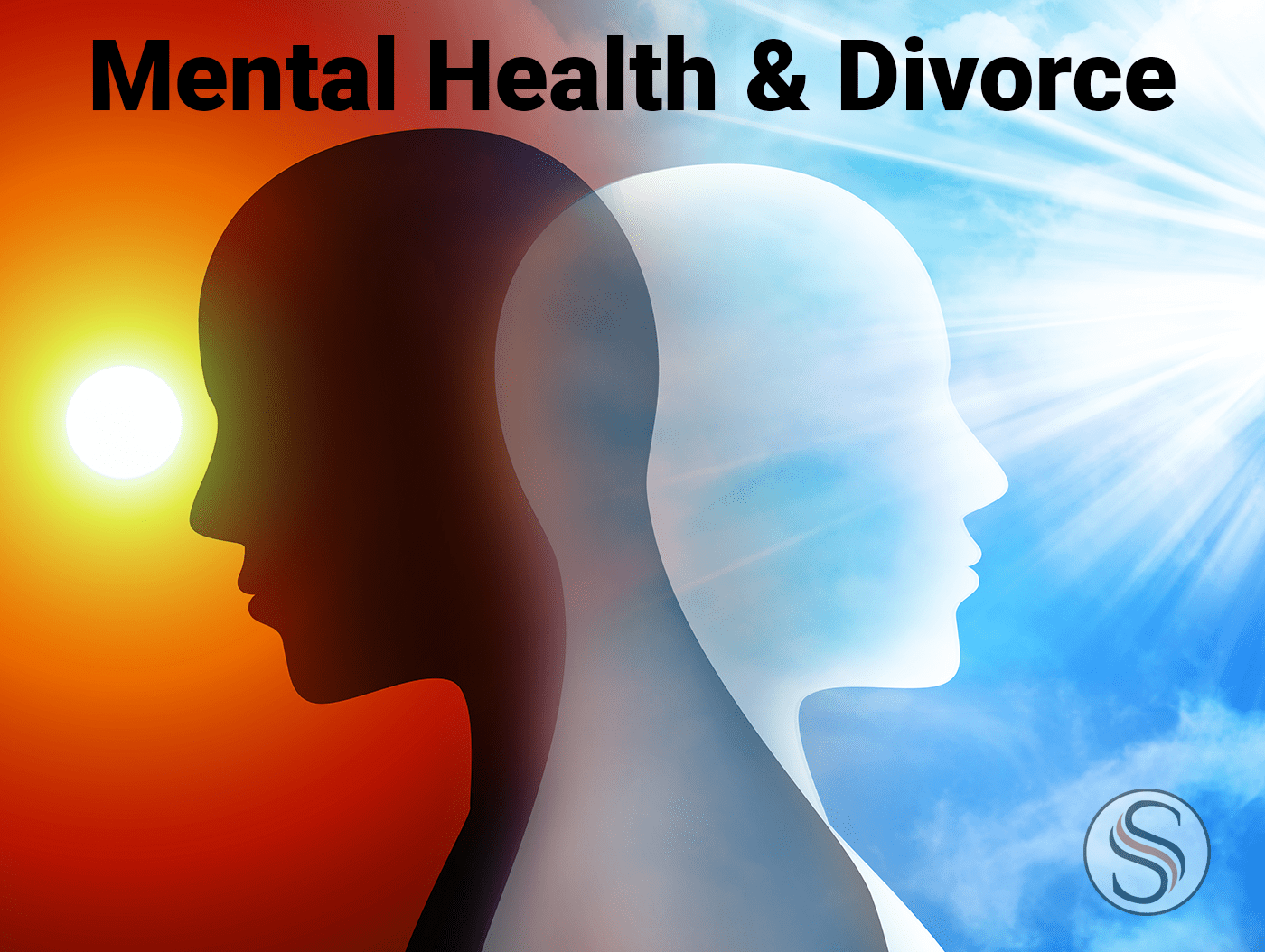 Mental Health and Divorce text over graphic of sad and happy silhouettes