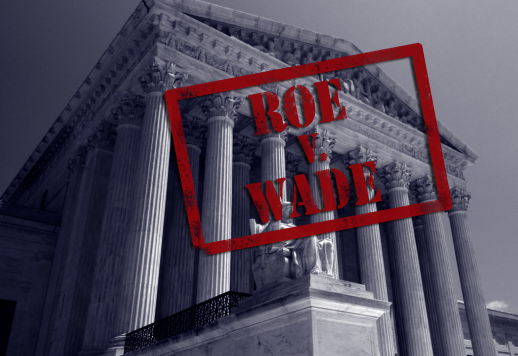 Supreme Court in background with the words ROE V. Wade in red in foreground.